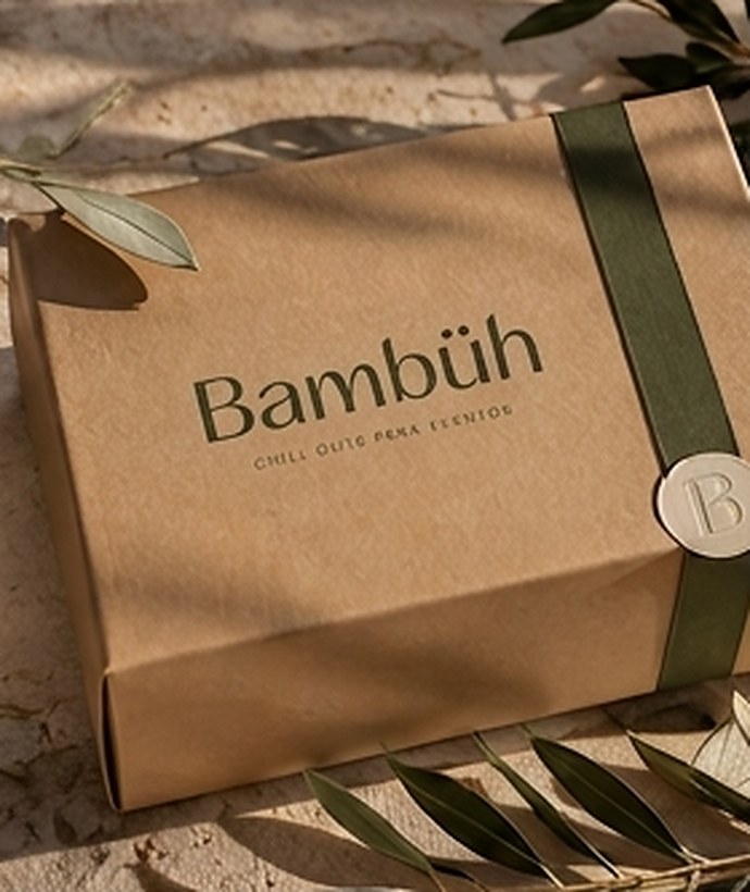 Caja de cartón kraft con cinta verde oliva y sello Bambüh