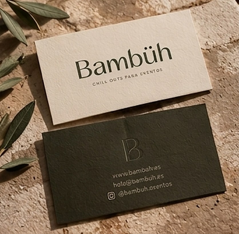 Tarjetas de visita de Bambüh en crema y verde oliva entre hojas de olivo