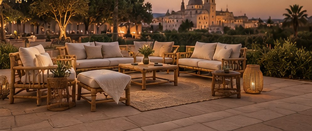 Terraza con chill out iluminado por guirnaldas junto a un edificio histórico